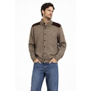 J.McLaughlin cotton leather trim brown cardigan sweater large